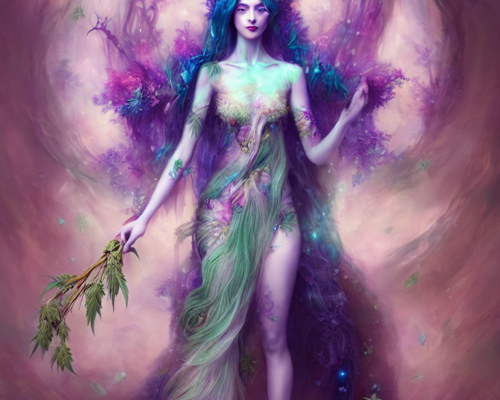 Blue-haired female figure in mystical fantasy forest setting with purple hues and ethereal foliage.