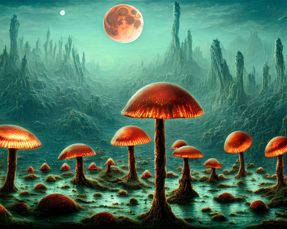 Surreal landscape featuring glowing mushrooms, towering structures, and two moons in an alien greenish-blue