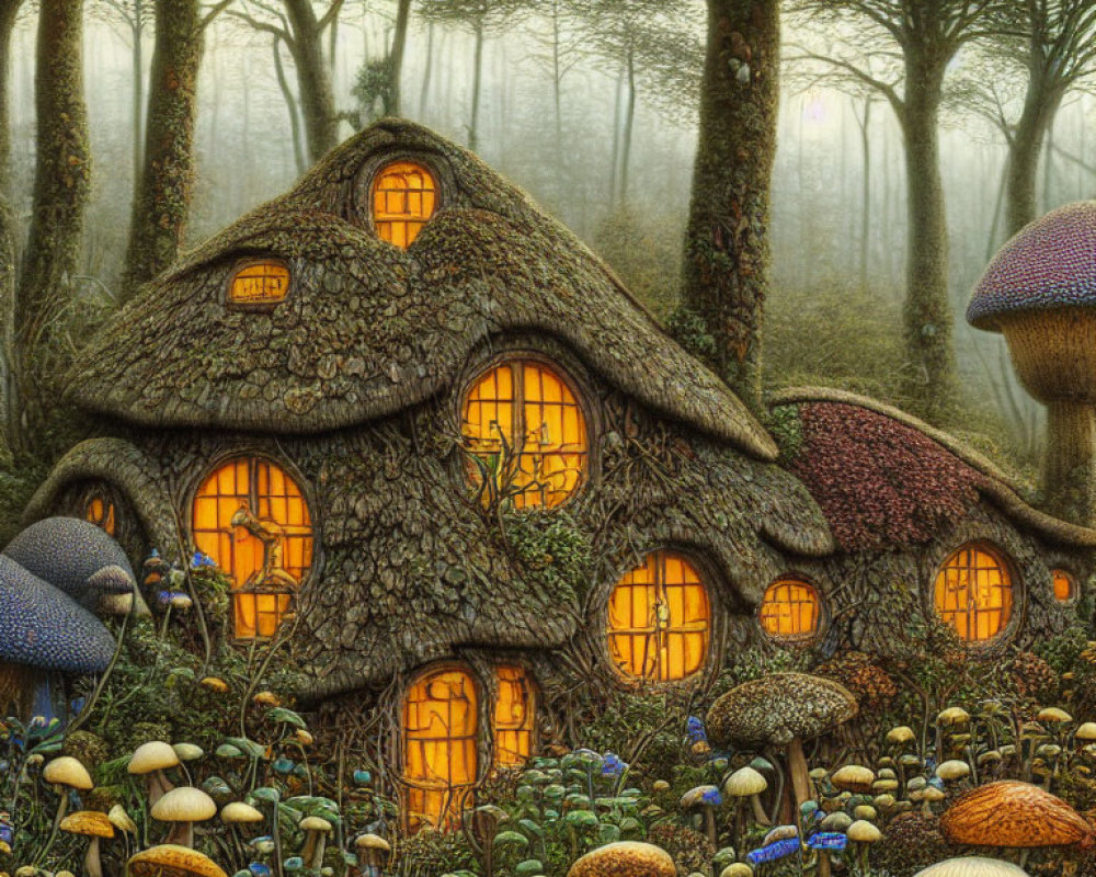 Thatched Roof Cottage in Mystical Forest with Colorful Mushrooms