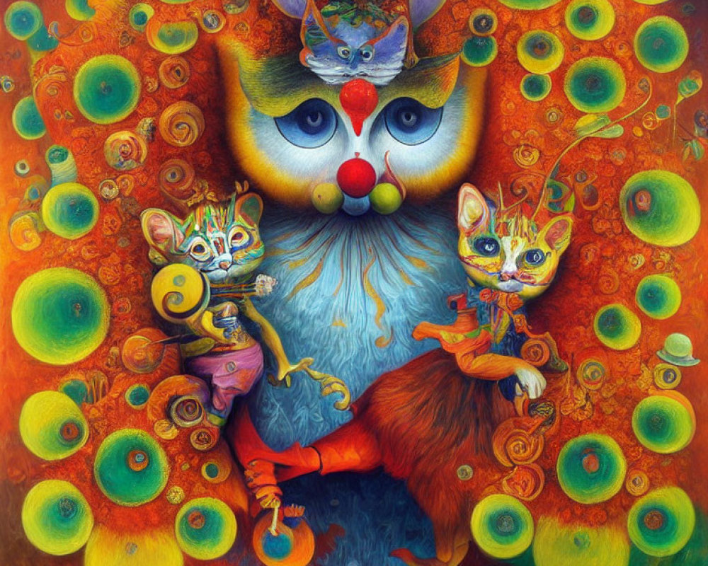 Colorful anthropomorphic fox with blue eyes and stylized cats in vibrant painting