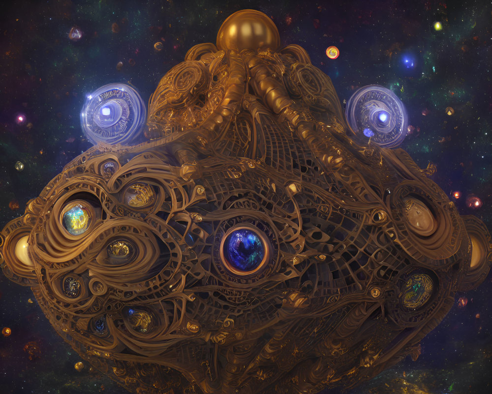 Intricate cosmic entity with mechanical features in starry galaxy