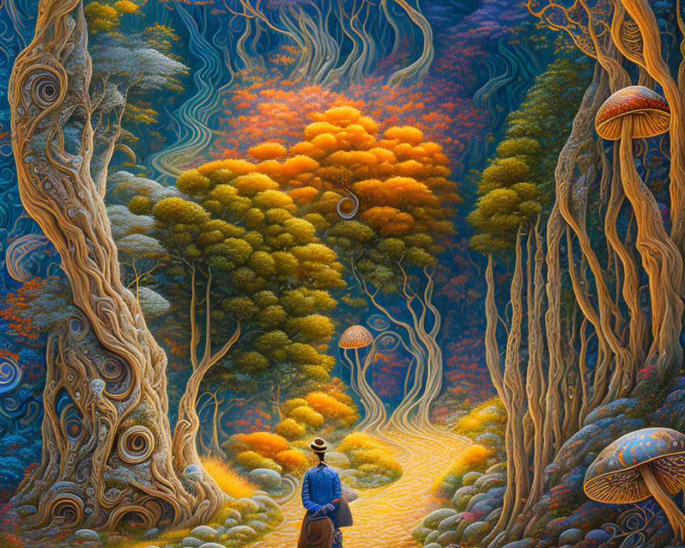 Surreal forest path with whimsical trees and oversized mushrooms