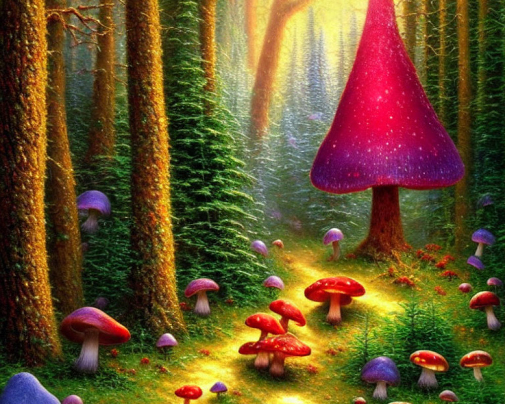 Mystical forest scene with oversized purple mushroom and colorful fungi