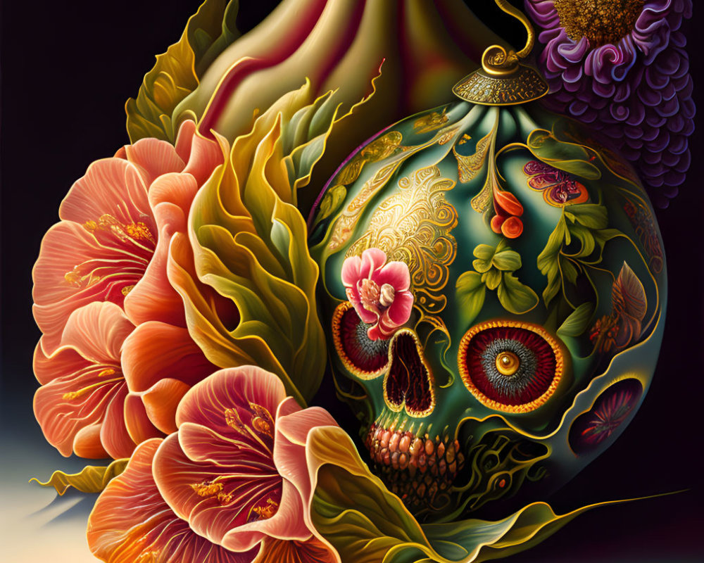 Colorful floral artwork with orange, purple flowers, and ornate patterns on dark background