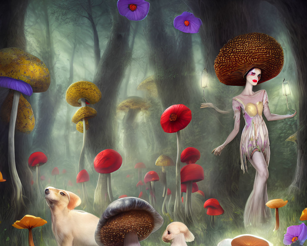 Colorful oversized mushrooms in whimsical forest scene with unique characters.