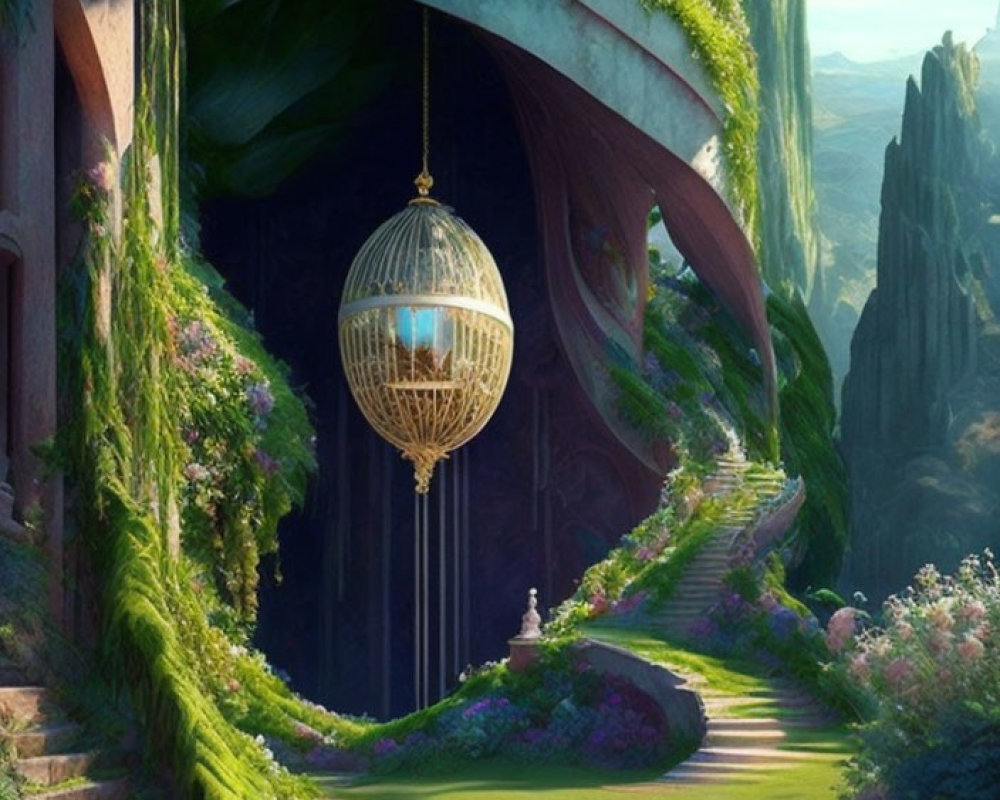 Golden cage-like structure hanging from natural archway in lush, fantasy landscape