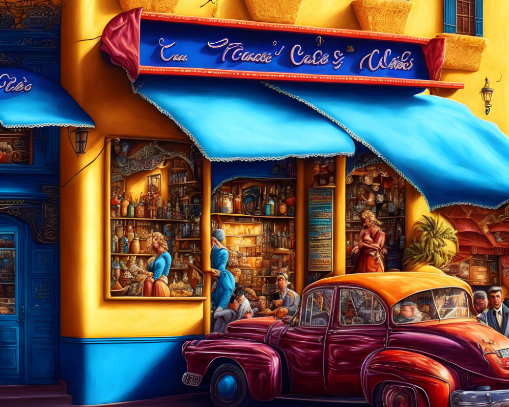 Colorful street scene with red car, blue awning cafe, and bustling crowd.