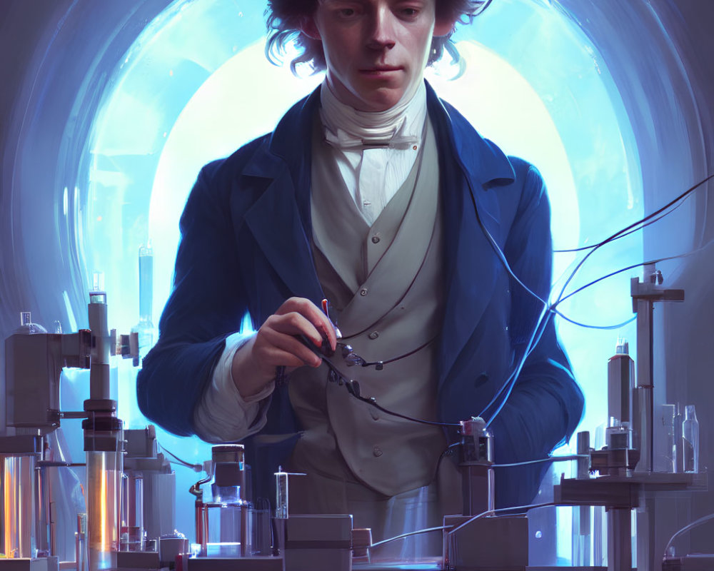 Person in historical clothing using scientific equipment in futuristic lab setting