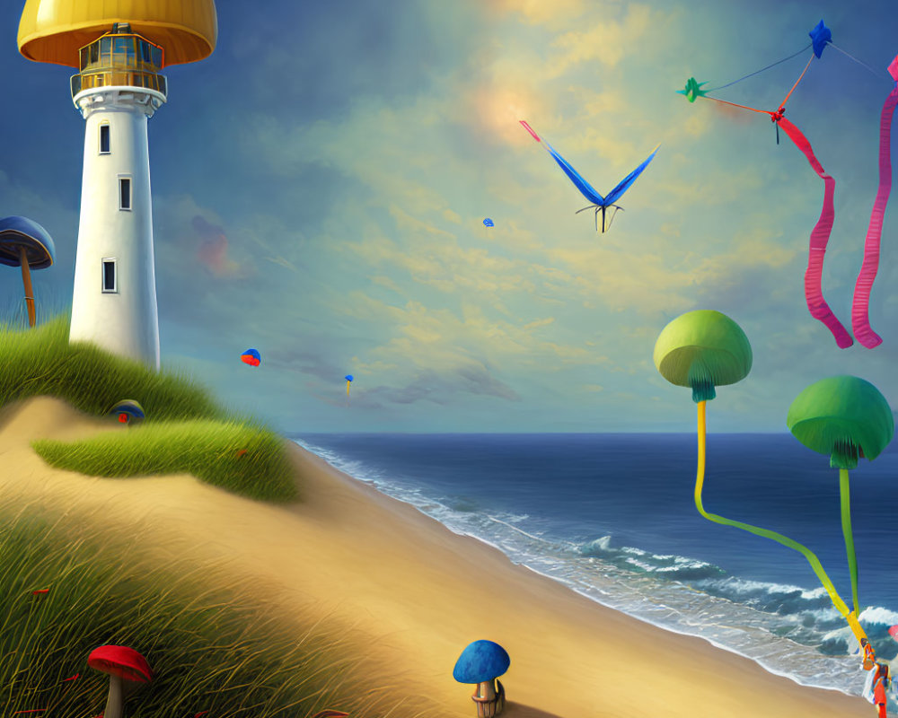 Colorful coastal scene with lighthouse, kites, and whimsical trees.