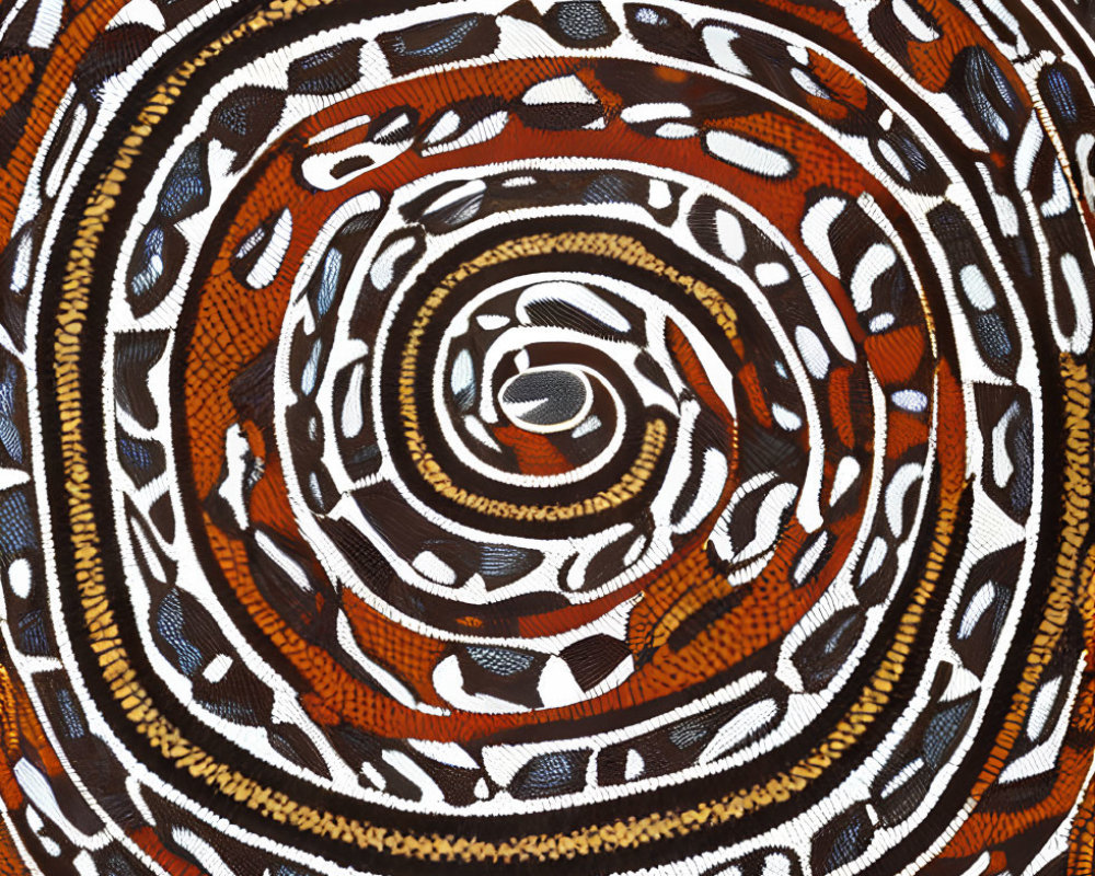 Earth-toned concentric circle abstract pattern in black and white swirls