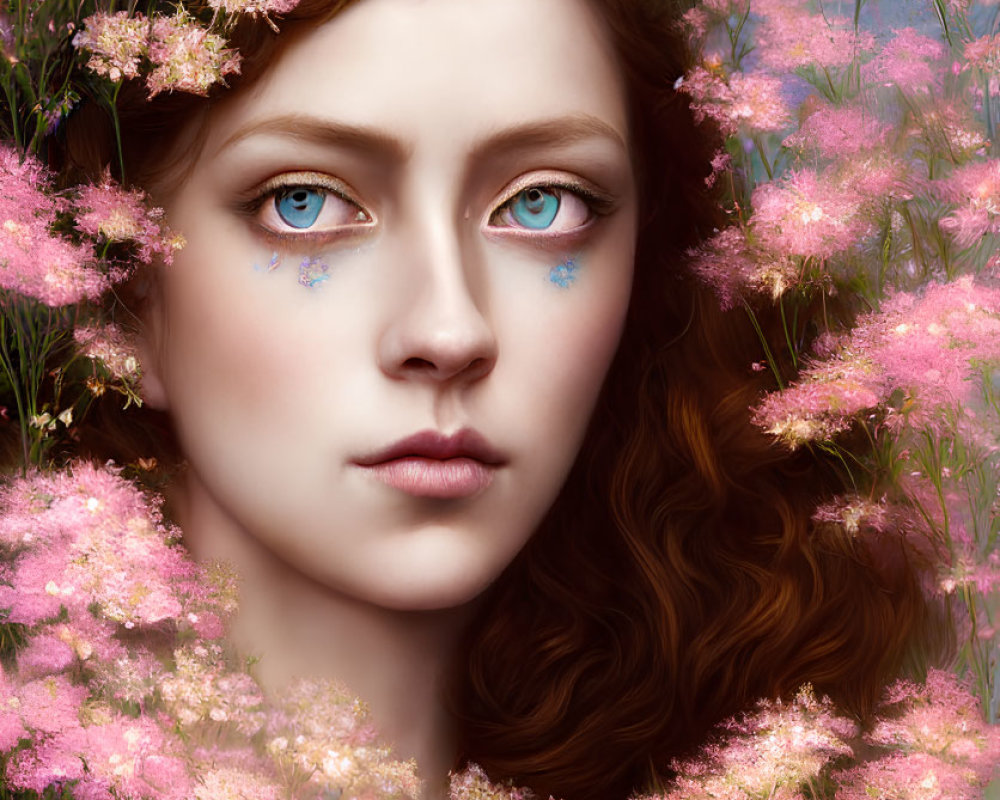 Portrait of Woman with Blue Eyes and Floral Crown Among Pink Blossoms