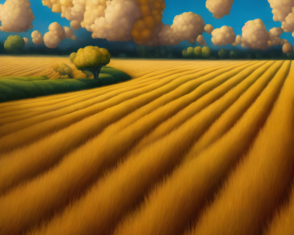 Golden wheat field painting with fluffy clouds and distant trees