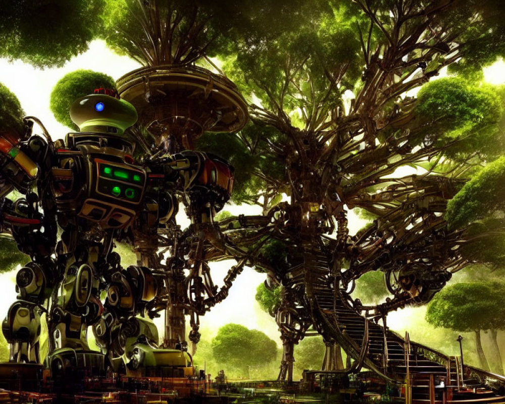 Fantastical robotic tree structure in lush green forest