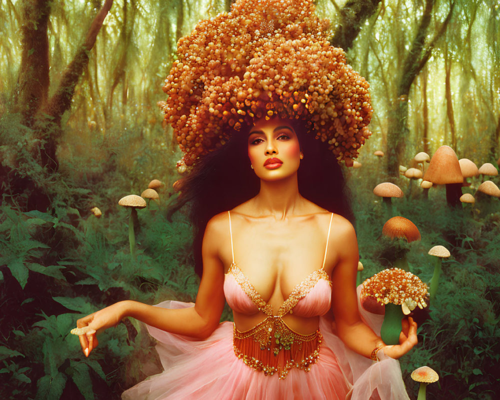 Enchanted forest scene with woman in mushroom headdress