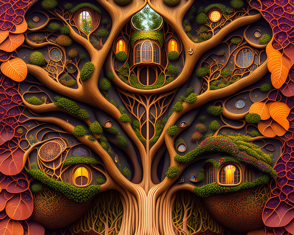 Detailed digital artwork: Whimsical tree with intricate branches forming rooms