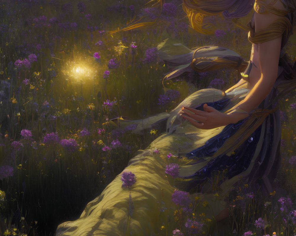 Woman with flowing hair sitting in vibrant flower field at sunset.