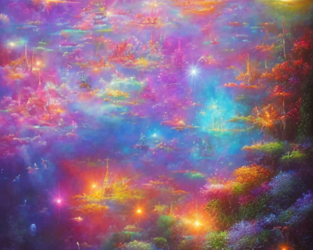 Colorful fantasy landscape with luminous flowers, majestic temple, and starry sky