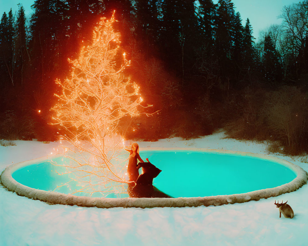 Snowy outdoor scene: illuminated tree, pool, person, and dog at dusk