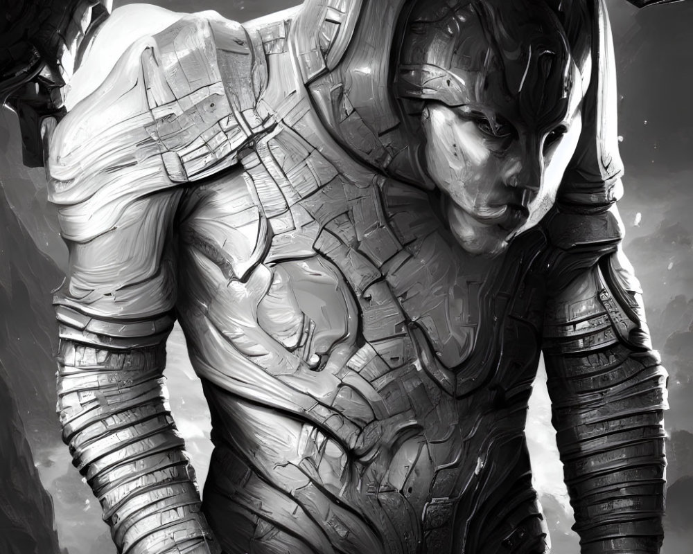 Detailed monochromatic futuristic armored warrior artwork with muscular build.