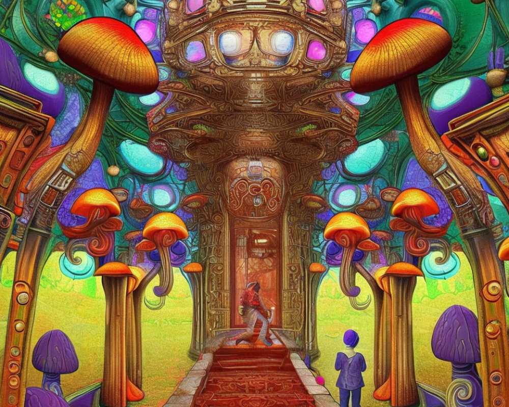 Colorful Psychedelic Interior with Mushroom Pillars and Ascending Staircase