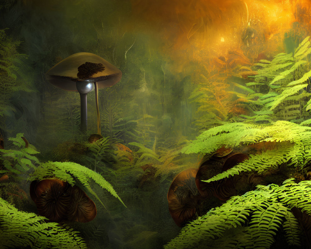 Surreal forest scene with vibrant ferns and oversized mushrooms