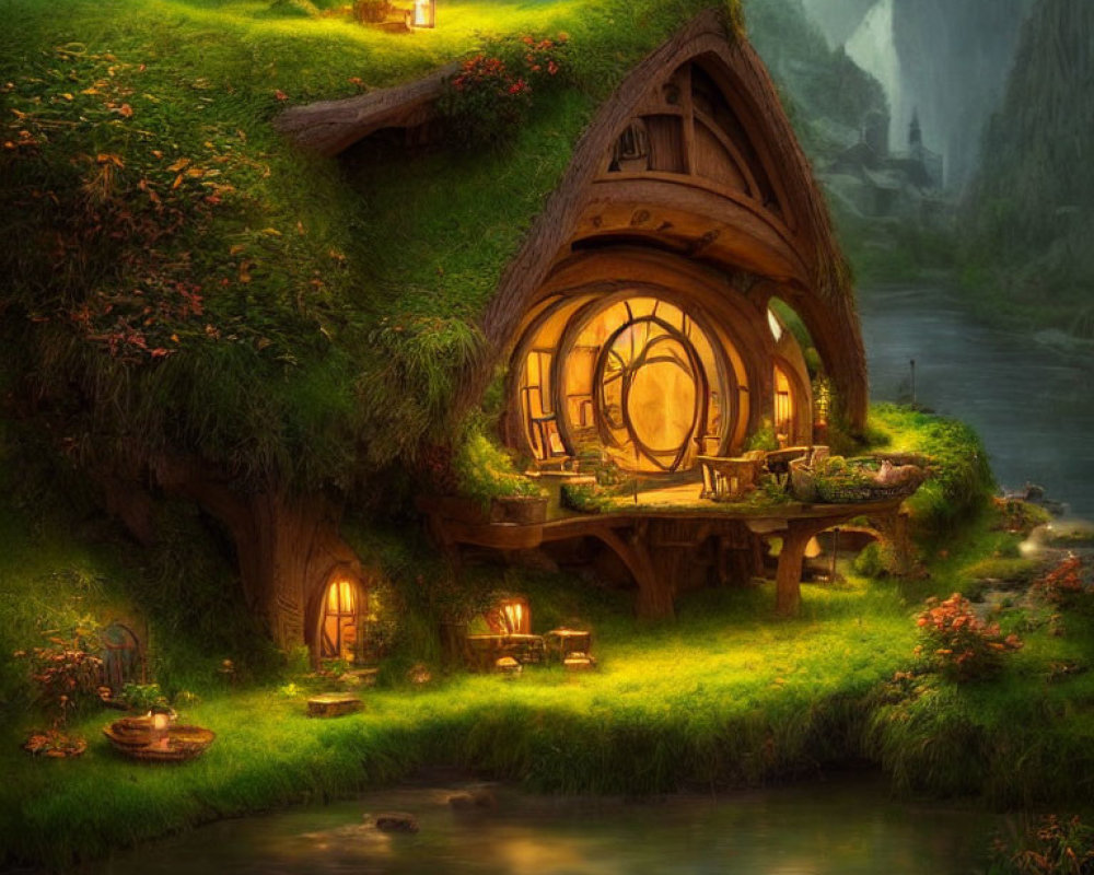 Fairytale cottage with round door in lush green hillside