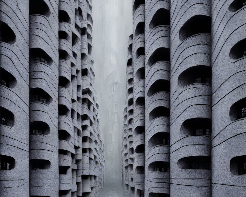 Symmetrical high-rise buildings in foggy cityscape