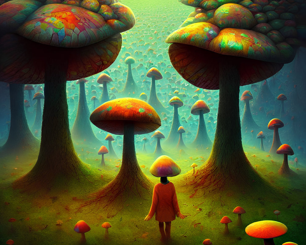 Vibrant surreal forest with oversized colorful mushrooms