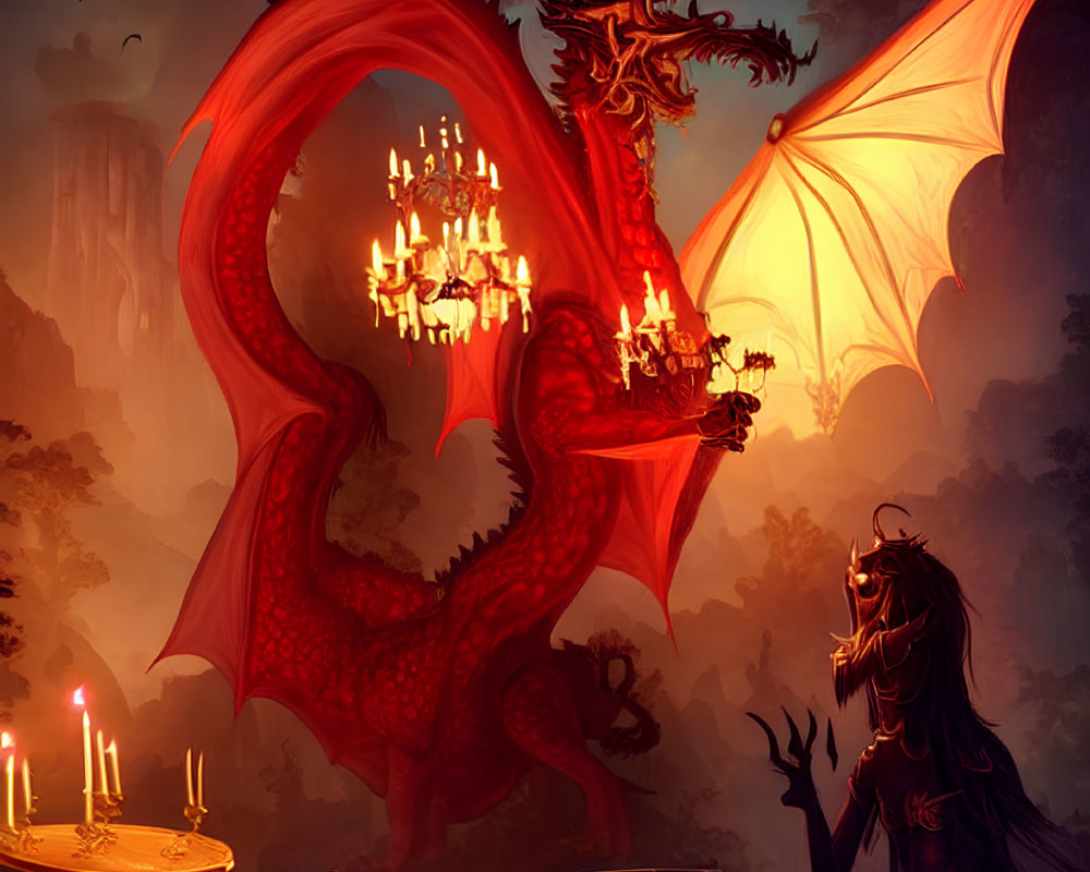 Red dragon with glowing eyes holding chandelier in dark, candle-lit room with enigmatic figure.