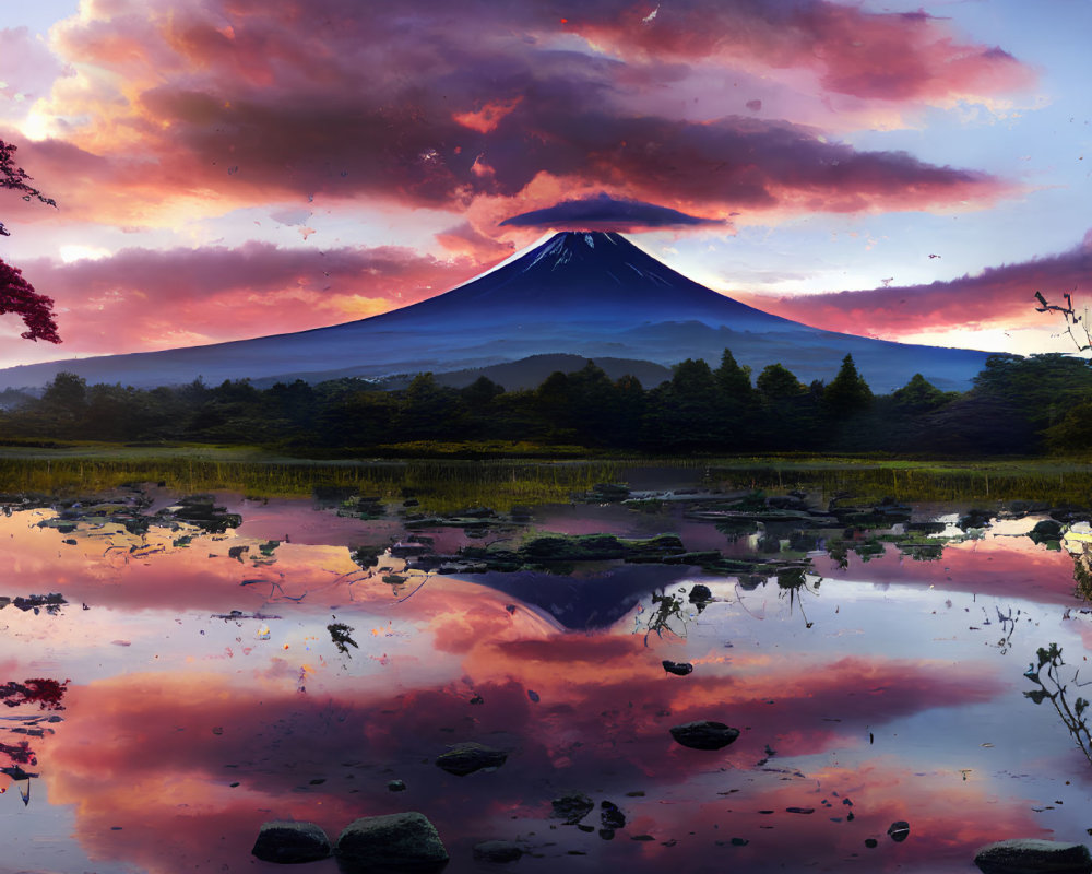 Scenic landscape: vibrant sunset over serene lake and Mount Fuji