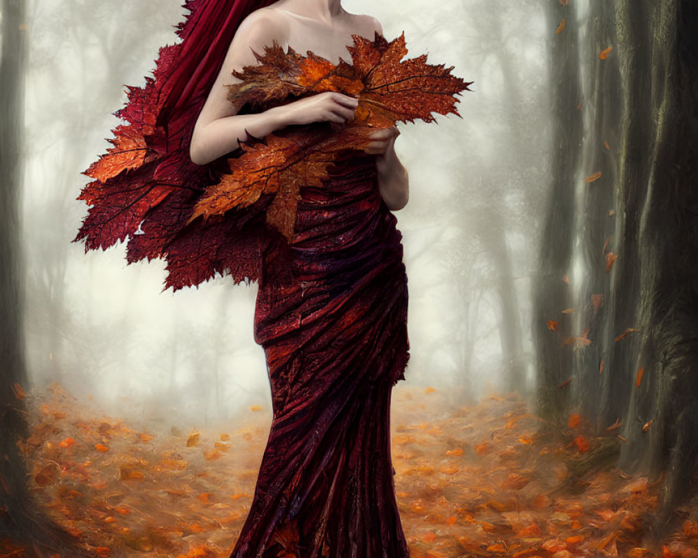 Woman in Burgundy Gown with Leaf Accents in Autumn Forest