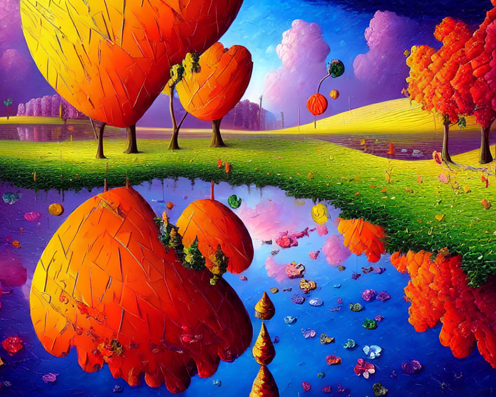 Colorful surreal landscape: vibrant trees, purple sky, whimsical clouds.