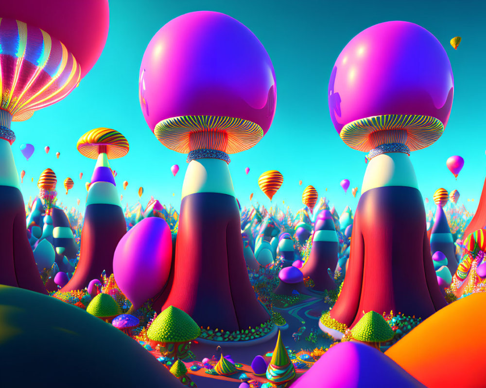 Colorful, oversized mushroom structures in surreal landscape