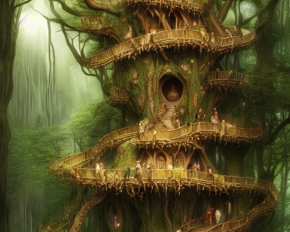 Enchanted multi-level treehouse in mystical forest