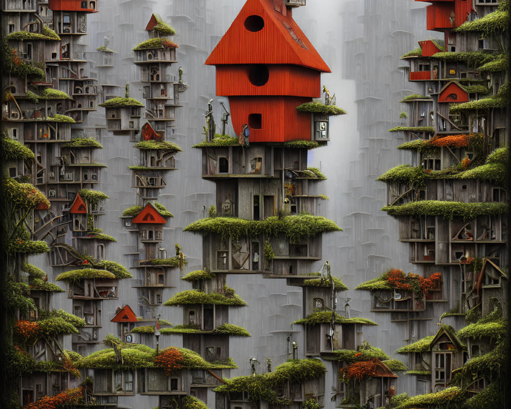 Fantastical cityscape with giant red birdhouse in lush greenery