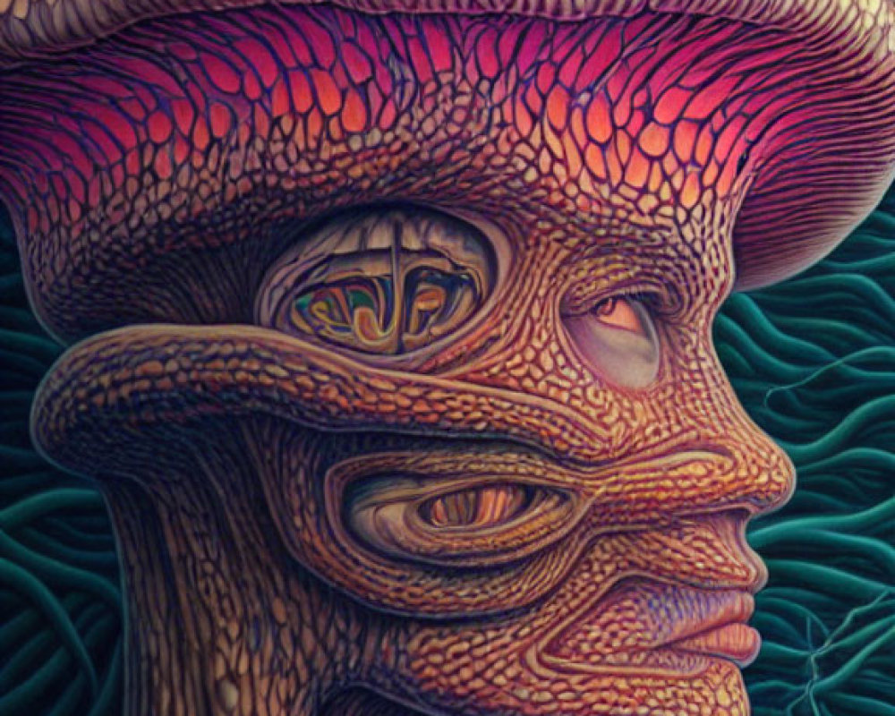 Surreal painting of human-like figure with mushroom cap head and intricate patterns