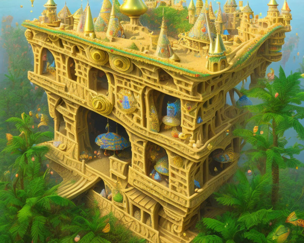 Magnificent multi-tiered palace in lush forest with ornate spires and colorful mosaics.