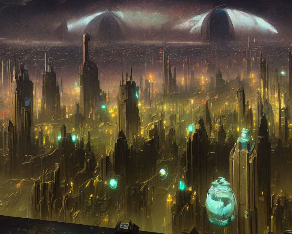 Futuristic night cityscape with neon-lit skyscrapers and domes