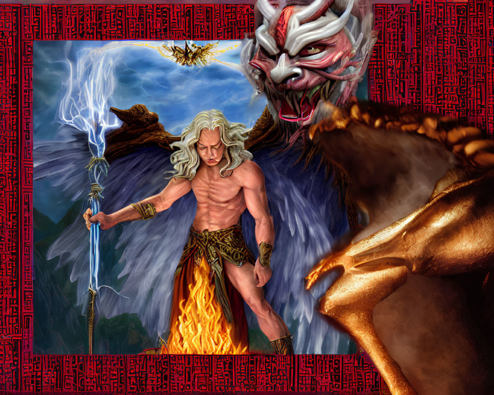 Muscular warrior with white hair wields lightning staff in fiery scene with dragon and mystical creature