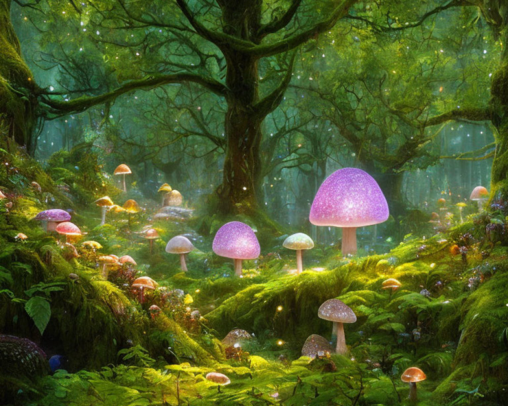 Luminescent mushrooms in enchanted forest glade