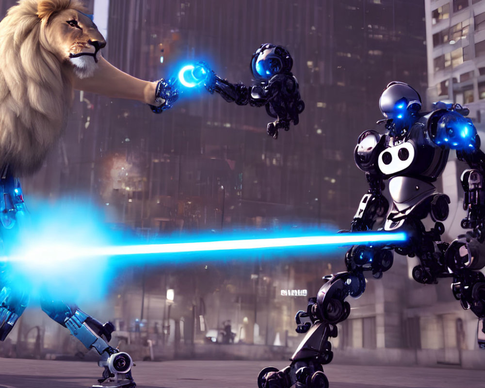 Futuristic lion humanoid faces off with robot in cityscape