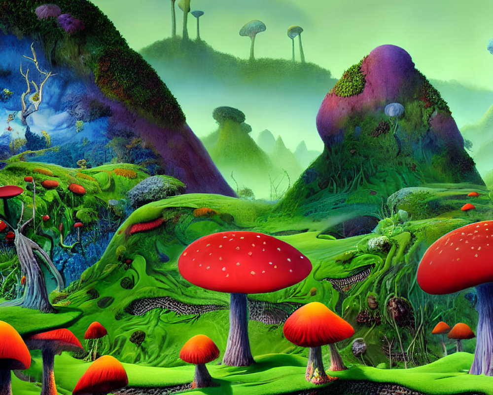 Colorful fantasy landscape with oversized red mushrooms and whimsical structures.