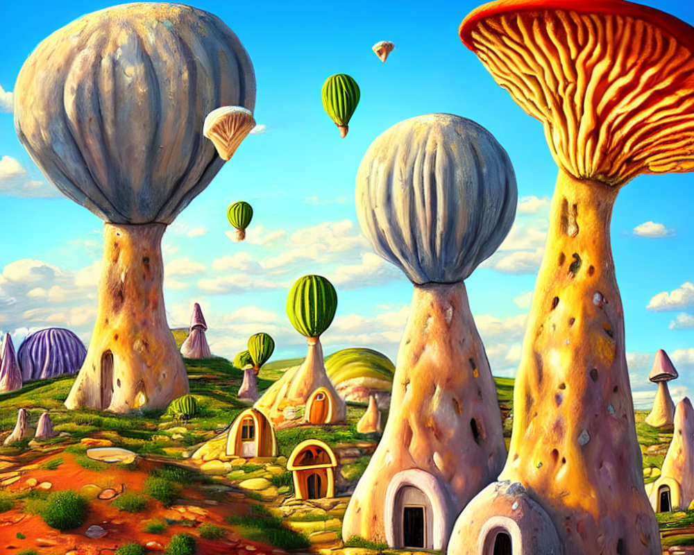 Colorful Mushroom Houses and Hot Air Balloons in Whimsical Landscape