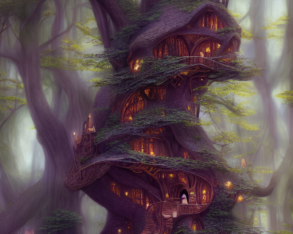 Enchanting fantasy treehouse in mystical forest