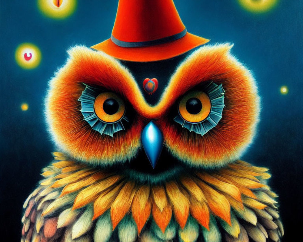 Colorful owl with blue eyes and red hat, surrounded by eye-patterned creatures.