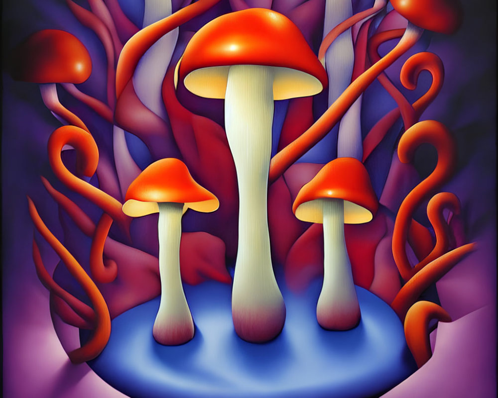 Colorful illustration of oversized red mushrooms in a fantasy forest scene