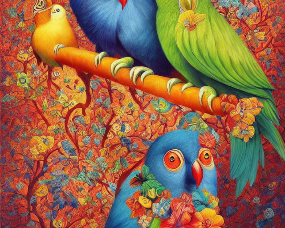 Colorful Parrot Artwork with Floral Patterns on Branch