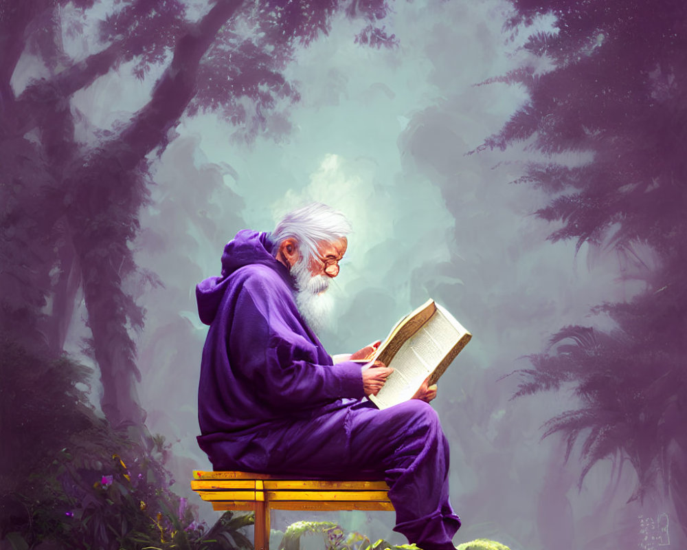 Elderly Person in Purple Robes Reading Book in Misty Forest