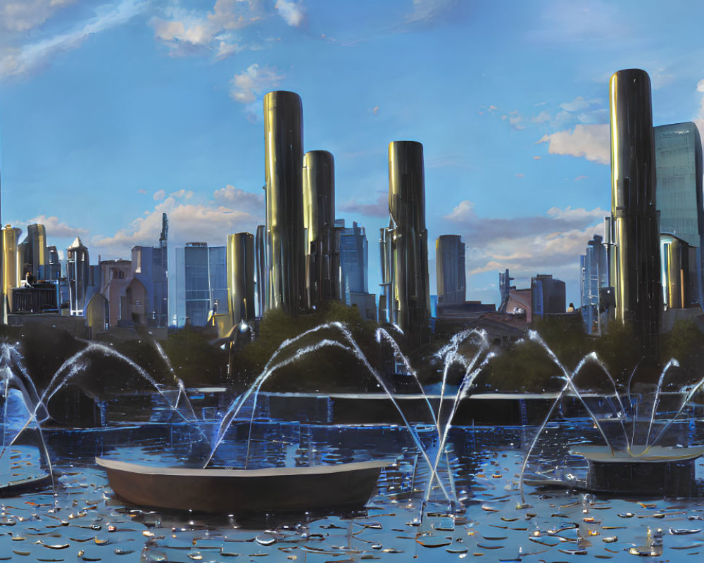 Sleek tall towers in futuristic cityscape with water fountains and dynamic sunset sky