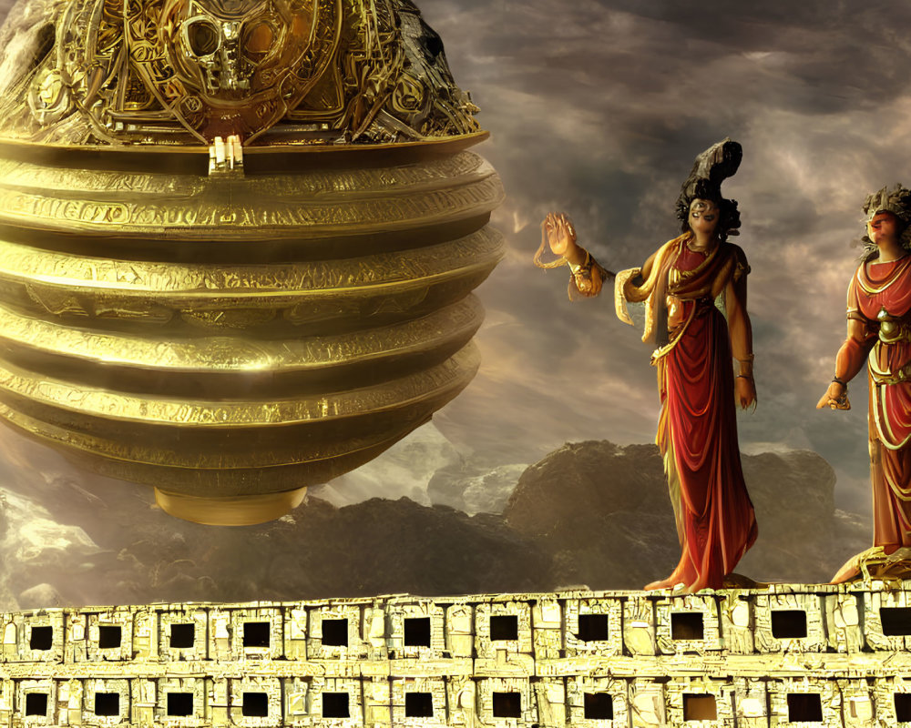 Traditional Indian attire individuals on ornate structure with floating golden sphere